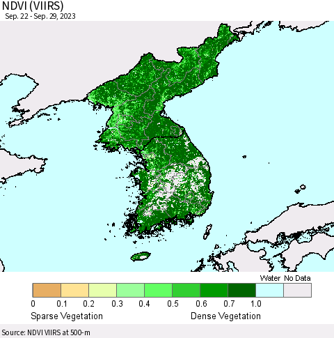 Korea NDVI (VIIRS) Thematic Map For 9/22/2023 - 9/29/2023