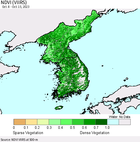 Korea NDVI (VIIRS) Thematic Map For 10/8/2023 - 10/15/2023