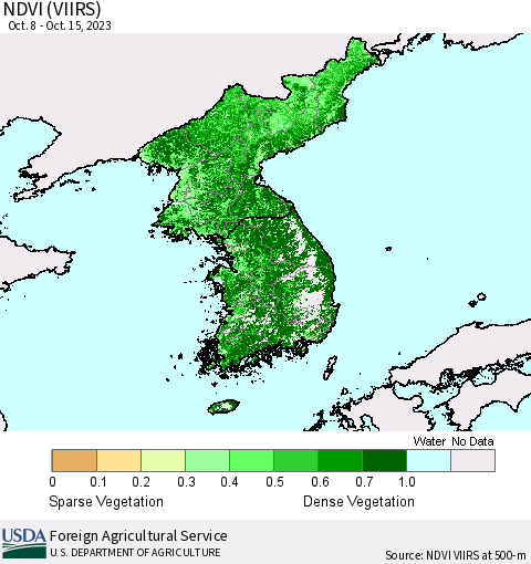 Korea NDVI (VIIRS) Thematic Map For 10/11/2023 - 10/20/2023