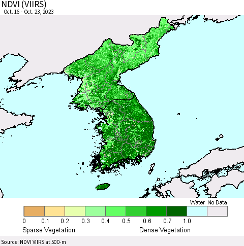 Korea NDVI (VIIRS) Thematic Map For 10/16/2023 - 10/23/2023