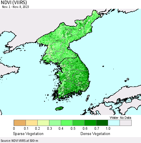 Korea NDVI (VIIRS) Thematic Map For 11/1/2023 - 11/8/2023