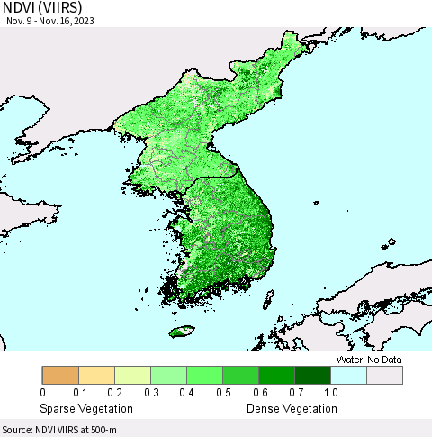 Korea NDVI (VIIRS) Thematic Map For 11/9/2023 - 11/16/2023