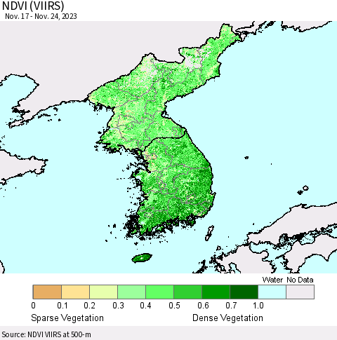 Korea NDVI (VIIRS) Thematic Map For 11/17/2023 - 11/24/2023
