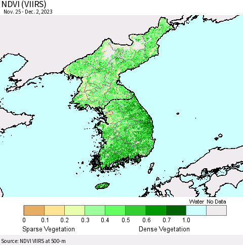 Korea NDVI (VIIRS) Thematic Map For 11/25/2023 - 12/2/2023