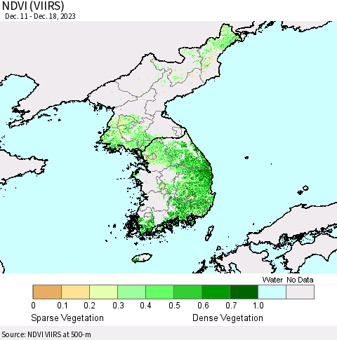 Korea NDVI (VIIRS) Thematic Map For 12/11/2023 - 12/18/2023