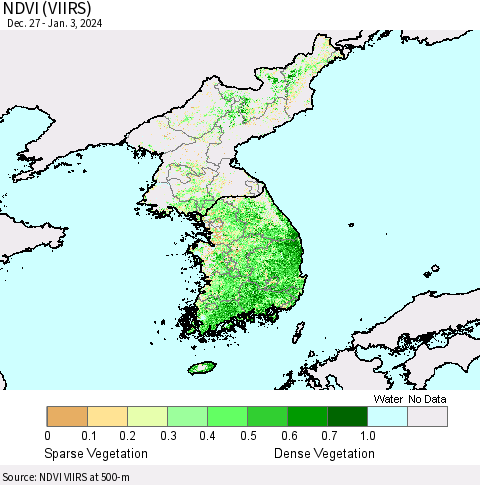 Korea NDVI (VIIRS) Thematic Map For 12/27/2023 - 1/3/2024