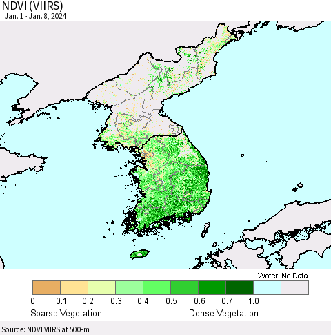 Korea NDVI (VIIRS) Thematic Map For 1/1/2024 - 1/8/2024