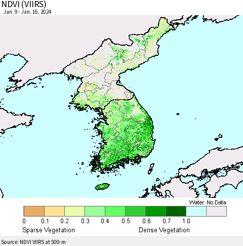 Korea NDVI (VIIRS) Thematic Map For 1/9/2024 - 1/16/2024
