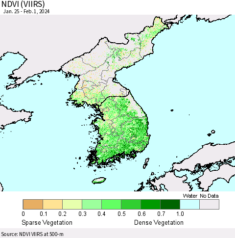 Korea NDVI (VIIRS) Thematic Map For 1/25/2024 - 2/1/2024