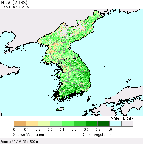 Korea NDVI (VIIRS) Thematic Map For 1/1/2025 - 1/8/2025