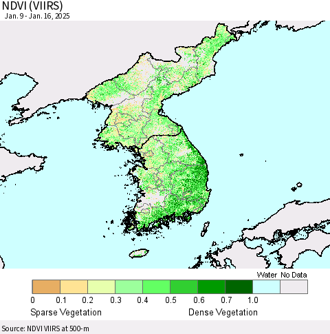 Korea NDVI (VIIRS) Thematic Map For 1/9/2025 - 1/16/2025