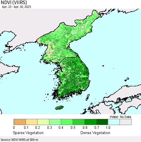 Korea NDVI (VIIRS) Thematic Map For 4/23/2025 - 4/30/2025