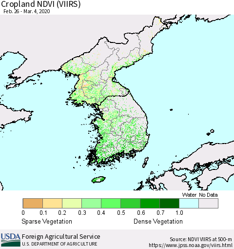 Korea Cropland NDVI (VIIRS) Thematic Map For 3/1/2020 - 3/10/2020