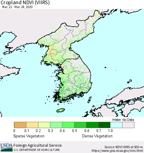 Korea Cropland NDVI (VIIRS) Thematic Map For 3/21/2020 - 3/31/2020