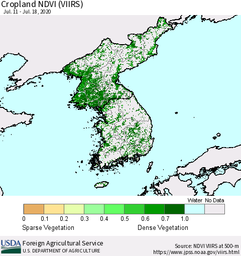 Korea Cropland NDVI (VIIRS) Thematic Map For 7/11/2020 - 7/20/2020