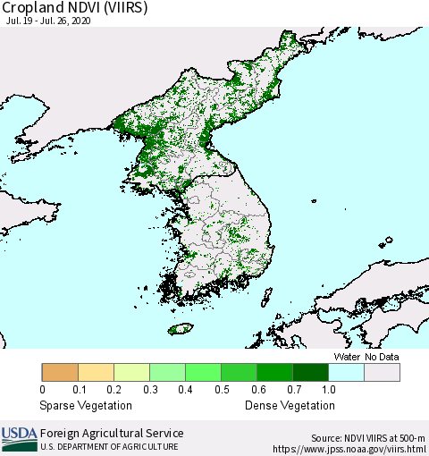 Korea Cropland NDVI (VIIRS) Thematic Map For 7/21/2020 - 7/31/2020