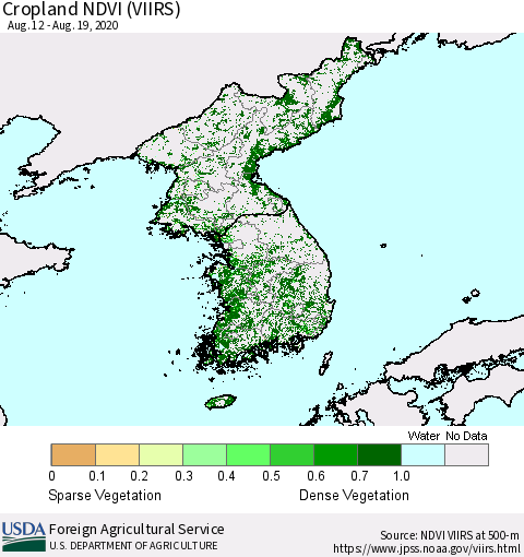 Korea Cropland NDVI (VIIRS) Thematic Map For 8/11/2020 - 8/20/2020