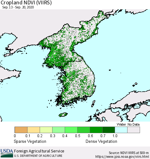 Korea Cropland NDVI (VIIRS) Thematic Map For 9/11/2020 - 9/20/2020