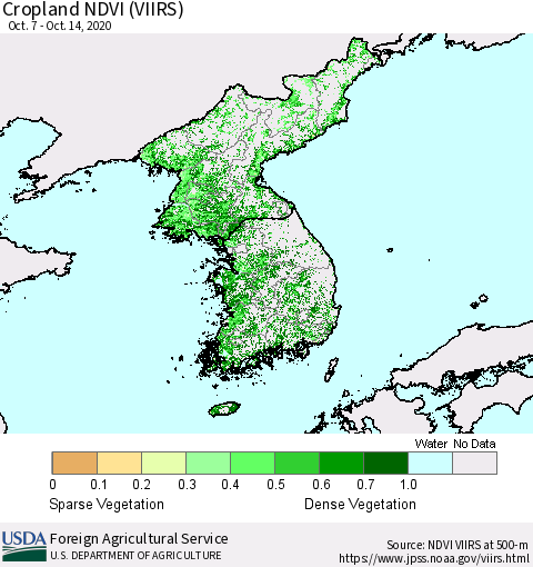 Korea Cropland NDVI (VIIRS) Thematic Map For 10/11/2020 - 10/20/2020