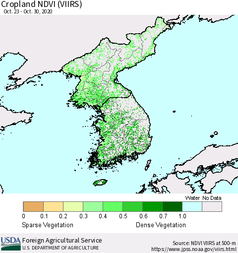 Korea Cropland NDVI (VIIRS) Thematic Map For 10/21/2020 - 10/31/2020