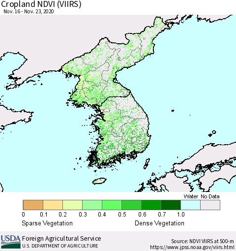 Korea Cropland NDVI (VIIRS) Thematic Map For 11/21/2020 - 11/30/2020