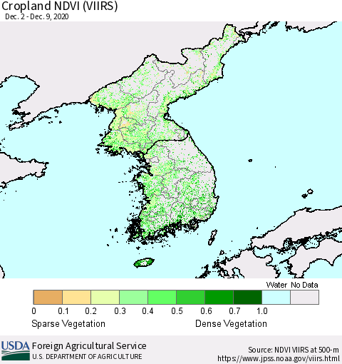 Korea Cropland NDVI (VIIRS) Thematic Map For 12/1/2020 - 12/10/2020
