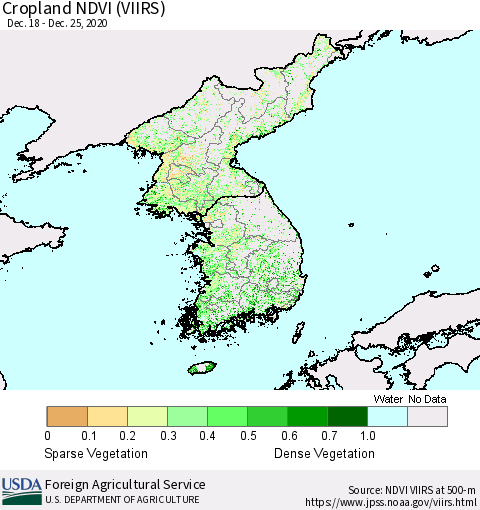 Korea Cropland NDVI (VIIRS) Thematic Map For 12/21/2020 - 12/31/2020