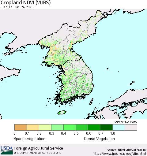 Korea Cropland NDVI (VIIRS) Thematic Map For 1/21/2021 - 1/31/2021