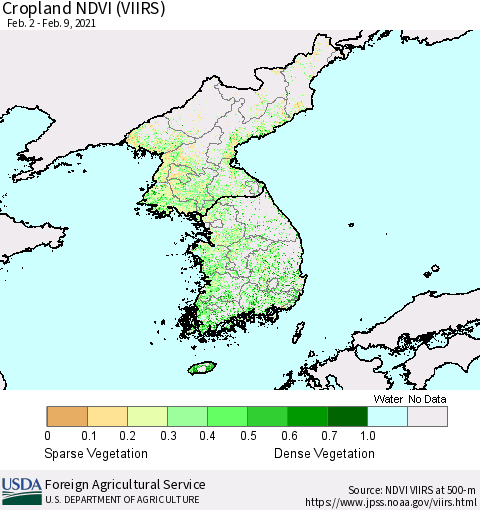 Korea Cropland NDVI (VIIRS) Thematic Map For 2/1/2021 - 2/10/2021