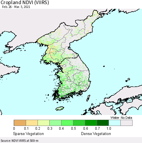Korea Cropland NDVI (VIIRS) Thematic Map For 2/26/2021 - 3/5/2021