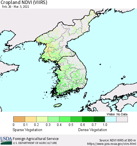 Korea Cropland NDVI (VIIRS) Thematic Map For 3/1/2021 - 3/10/2021