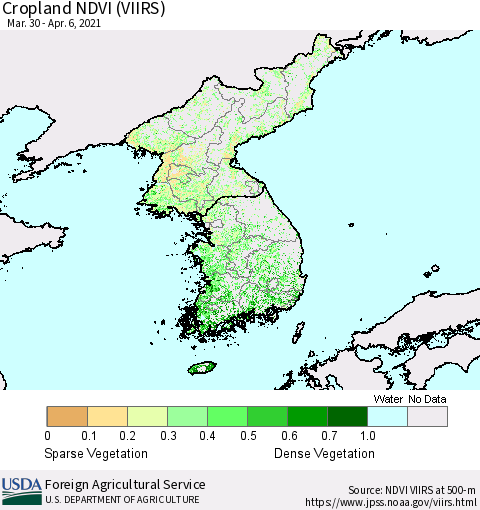 Korea Cropland NDVI (VIIRS) Thematic Map For 4/1/2021 - 4/10/2021