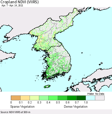 Korea Cropland NDVI (VIIRS) Thematic Map For 4/7/2021 - 4/14/2021