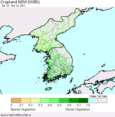 Korea Cropland NDVI (VIIRS) Thematic Map For 4/15/2021 - 4/22/2021