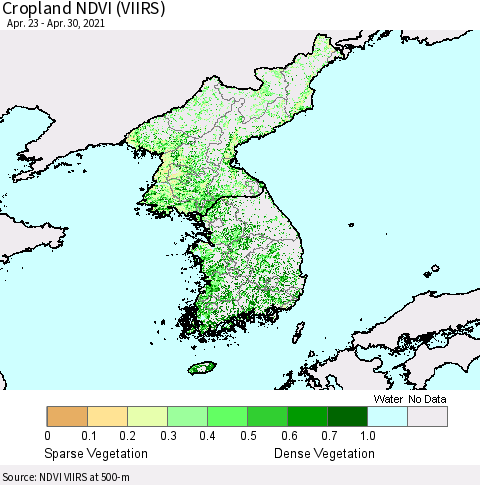Korea Cropland NDVI (VIIRS) Thematic Map For 4/21/2021 - 4/30/2021