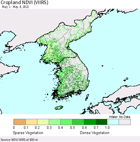 Korea Cropland NDVI (VIIRS) Thematic Map For 5/1/2021 - 5/8/2021