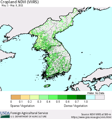 Korea Cropland NDVI (VIIRS) Thematic Map For 5/1/2021 - 5/10/2021