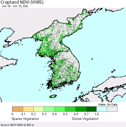 Korea Cropland NDVI (VIIRS) Thematic Map For 6/18/2021 - 6/25/2021