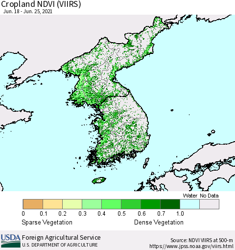 Korea Cropland NDVI (VIIRS) Thematic Map For 6/21/2021 - 6/30/2021