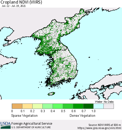 Korea Cropland NDVI (VIIRS) Thematic Map For 7/11/2021 - 7/20/2021