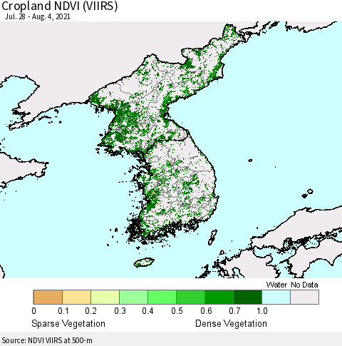Korea Cropland NDVI (VIIRS) Thematic Map For 7/28/2021 - 8/4/2021