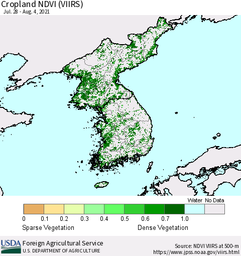 Korea Cropland NDVI (VIIRS) Thematic Map For 8/1/2021 - 8/10/2021
