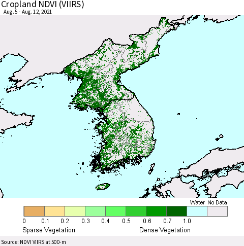 Korea Cropland NDVI (VIIRS) Thematic Map For 8/5/2021 - 8/12/2021