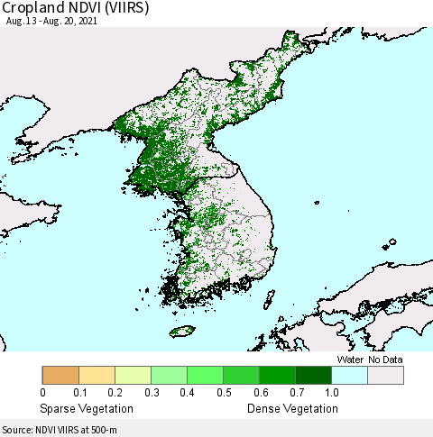 Korea Cropland NDVI (VIIRS) Thematic Map For 8/11/2021 - 8/20/2021