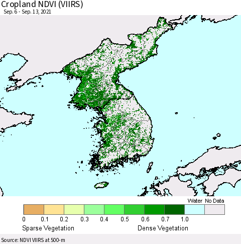 Korea Cropland NDVI (VIIRS) Thematic Map For 9/6/2021 - 9/13/2021