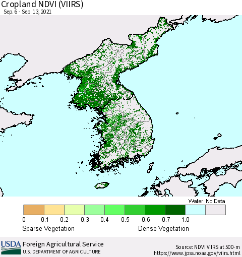 Korea Cropland NDVI (VIIRS) Thematic Map For 9/11/2021 - 9/20/2021