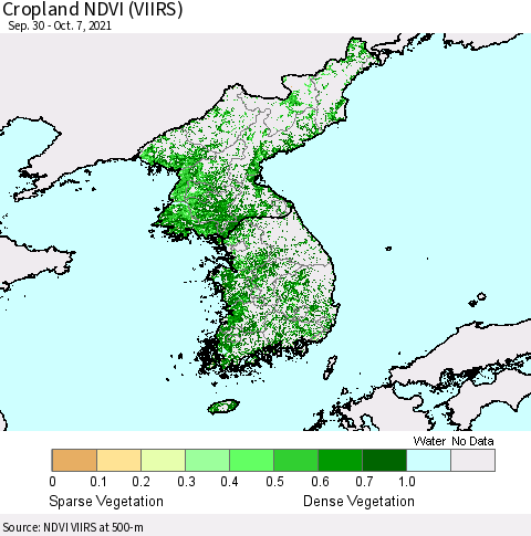 Korea Cropland NDVI (VIIRS) Thematic Map For 9/30/2021 - 10/7/2021