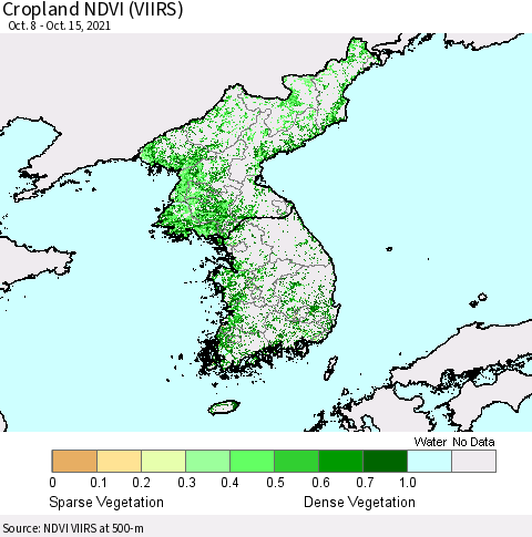 Korea Cropland NDVI (VIIRS) Thematic Map For 10/8/2021 - 10/15/2021