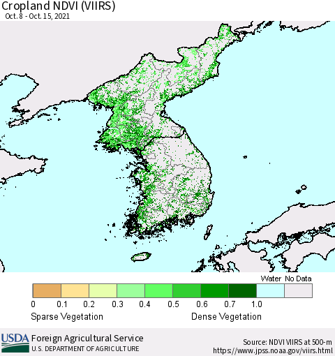 Korea Cropland NDVI (VIIRS) Thematic Map For 10/11/2021 - 10/20/2021