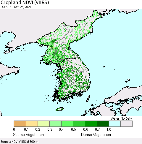 Korea Cropland NDVI (VIIRS) Thematic Map For 10/16/2021 - 10/23/2021